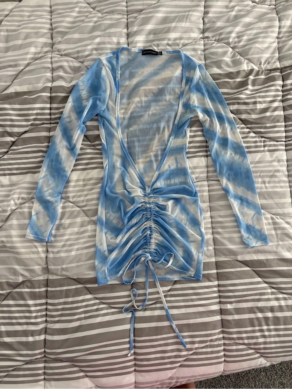 Blue Tie-Dye Ruched Front Long Sleeve Swimsuit Cover Up
